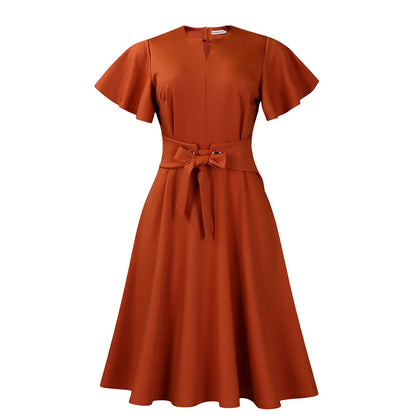 Damen Wickelkleid Leichter Stoff Taillengürtel Sommerlich Beige