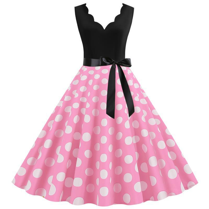 Damen Swingkleid V-Ausschnitt Punktemuster