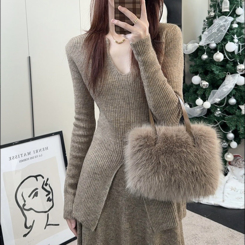 Damen Rippstrickpullover V-Ausschnitt Lässig