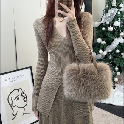 Damen Rippstrickpullover V-Ausschnitt Lässig