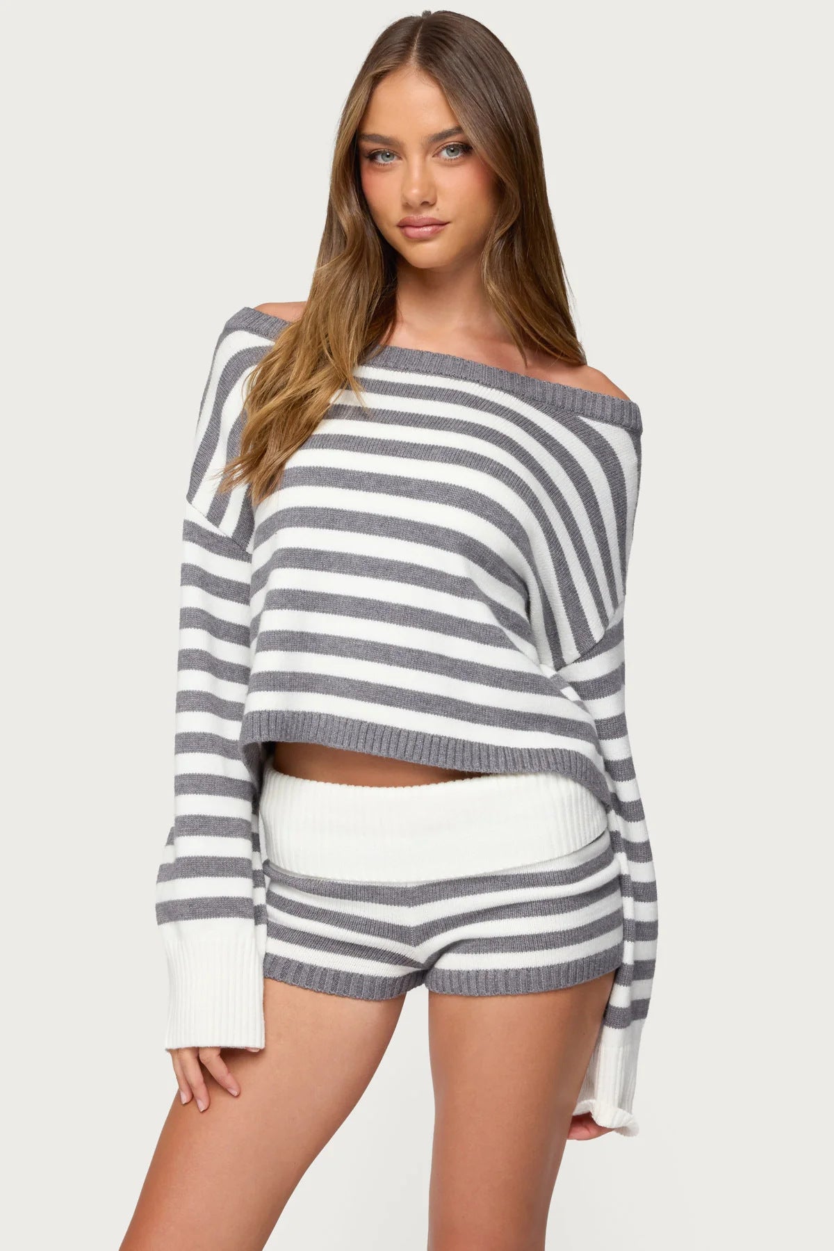 Damen Kurzarm-Oberteil und Shorts-Set Streifenmuster Norvielle