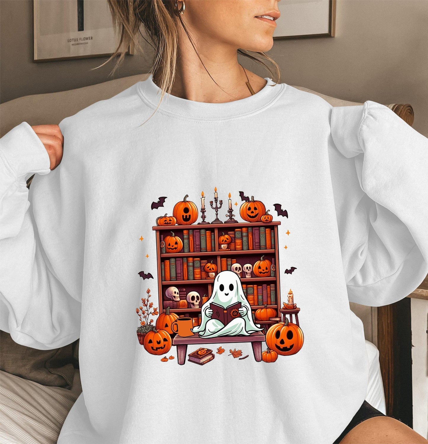 Damen Sweatshirt Herbst Grusel Motiv Puffärmel