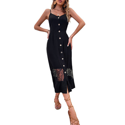 Damen Maxikleid V-Ausschnitt Knöpfe Spitze