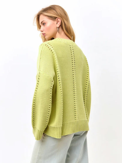 Damen Strickpullover Feine Lochmusterung Breite Bündchen Beige