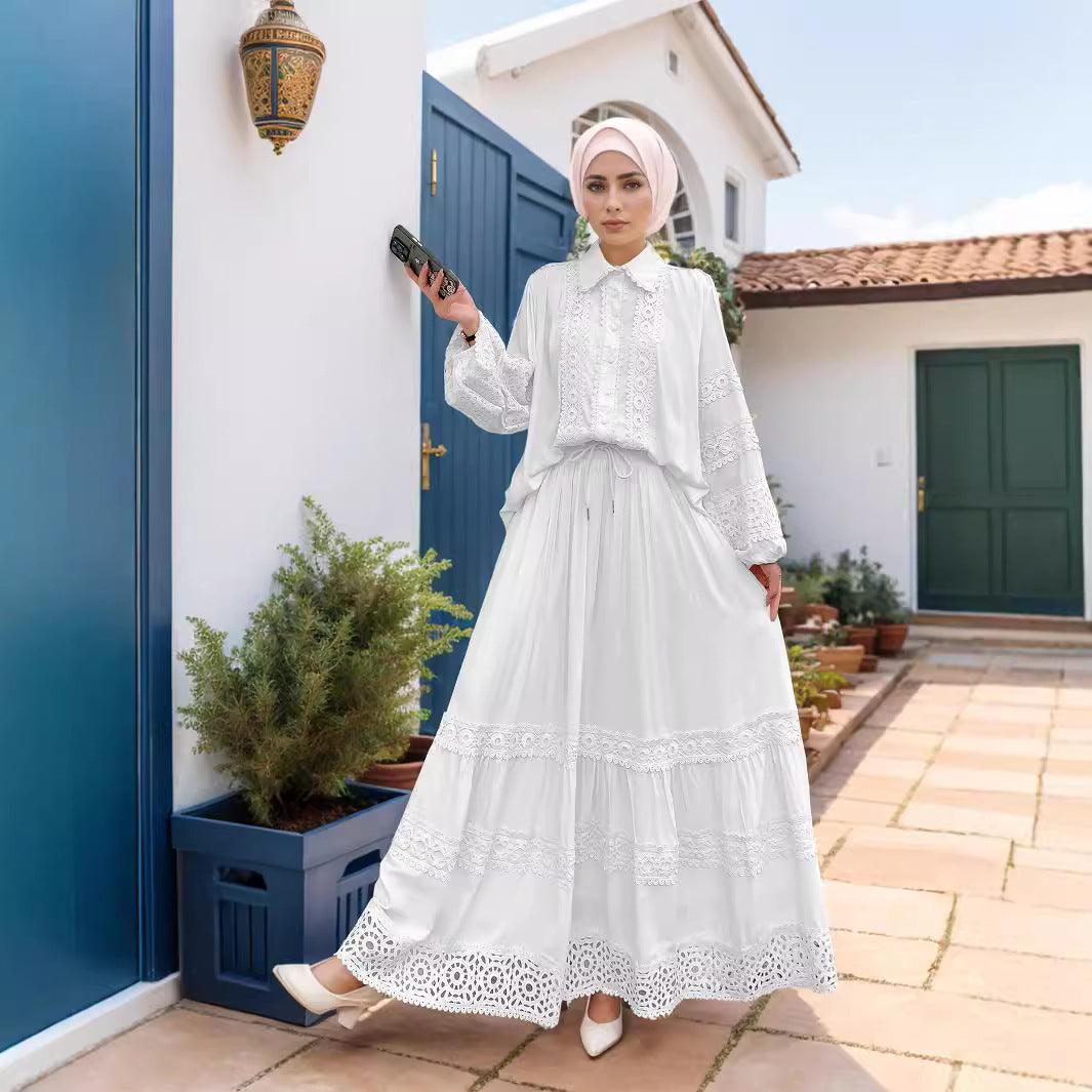 Damen Bluse und Maxirock Set Blumengestickt Norvielle - Norvielle