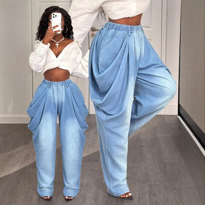 Damen Baggy-Jeans Hochtaillig Mit Seitentaschen Blau Norvielle - Norvielle