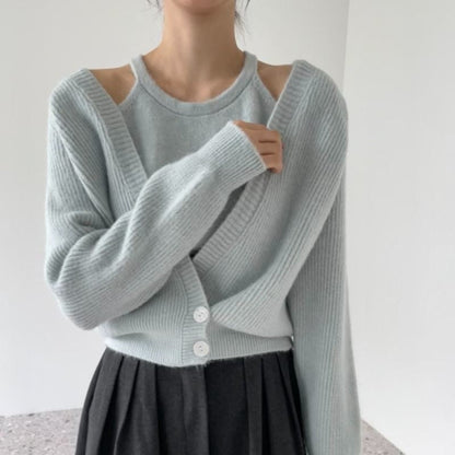Damen Cropped Strickjacke V-Ausschnitt Knöpfe Norvielle