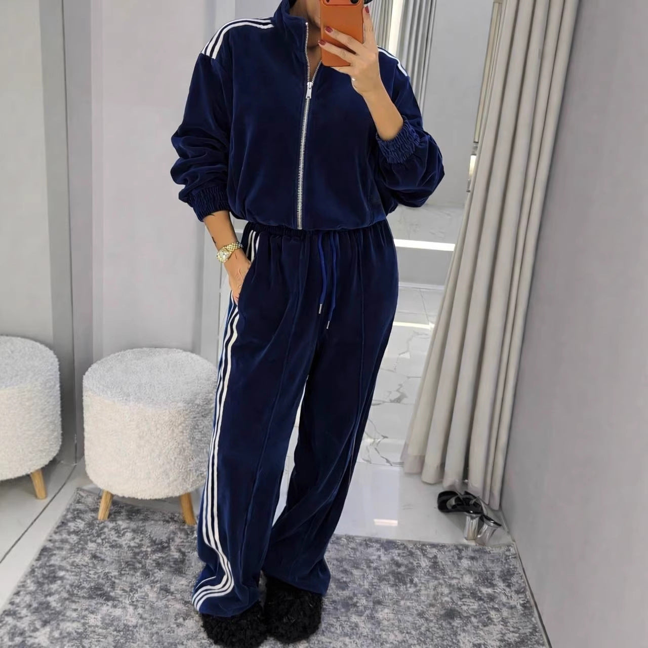 Damen Velours Jogginganzug Hochgeschlossener Kragen Elastischer Bund - Norvielle