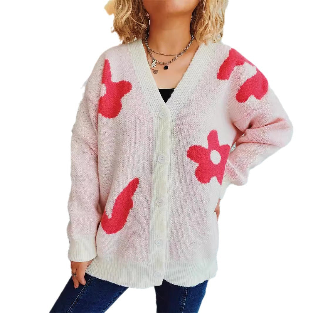 Damen Strickjacke Florales Muster Knöpfe Beige