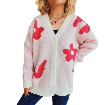 Damen Strickjacke Florales Muster Knöpfe Beige