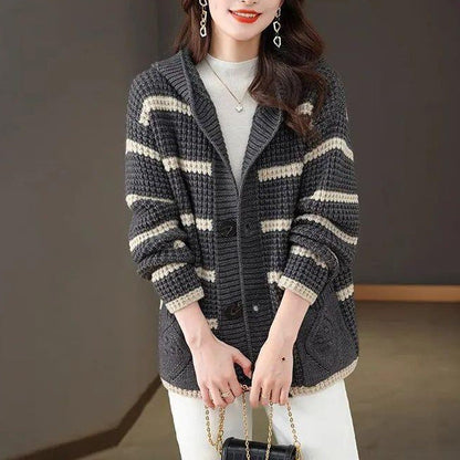 Damen Strickjacke Kapuze Karomuster Norvielle - Norvielle