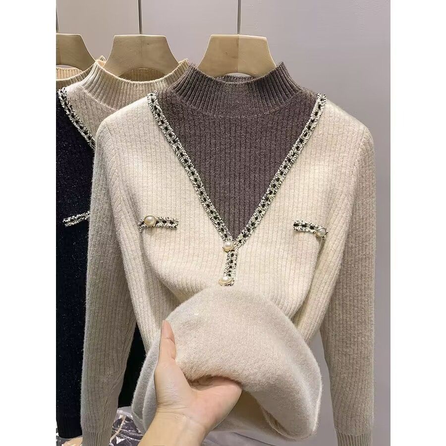 Damen V-Pullover Schimmer-Details Knöpfe Norvielle