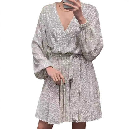 Damen Glitzerndes Mini-Kleid V-Ausschnitt Puffärmel Norvielle