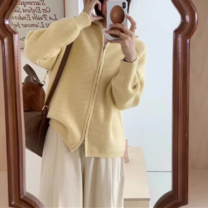 Damen Strickjacke Oversized mit Reißverschluss Beige