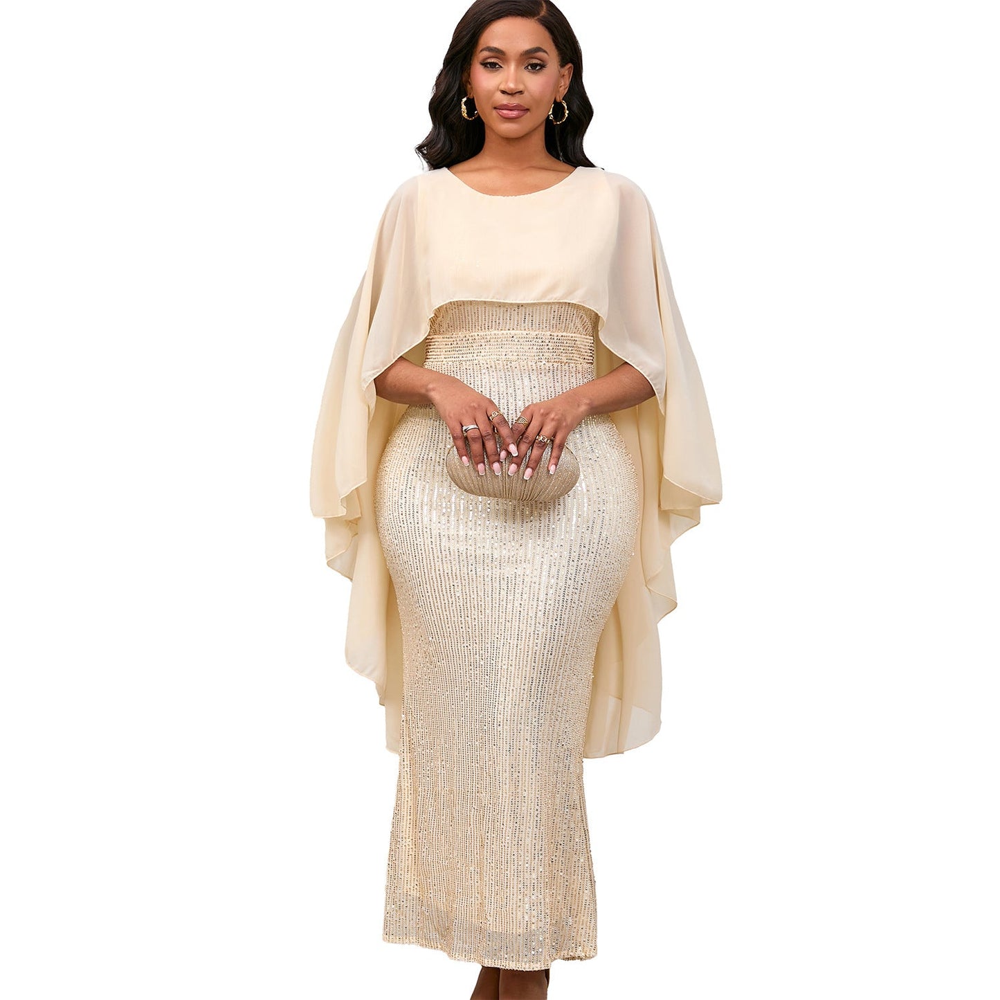 Damen Abendkleid Pailletten Cape Schimmernd