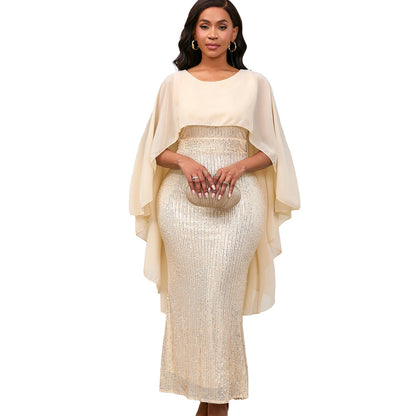 Damen Abendkleid Pailletten Cape Schimmernd