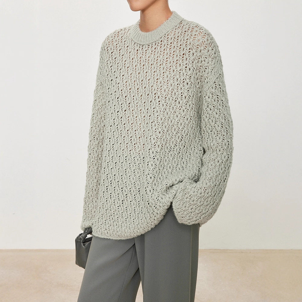 Damen Strickpullover Luftiger Strick Offene Struktur Beige