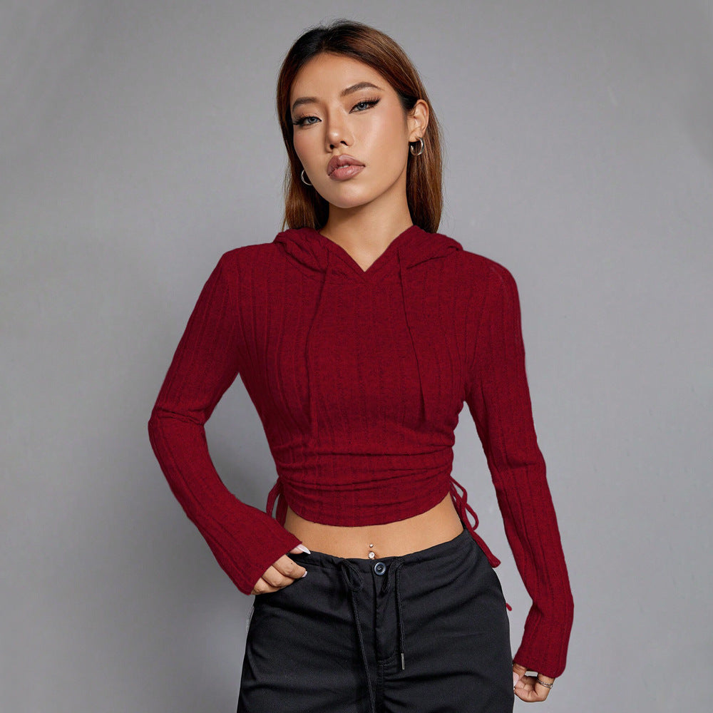 Damen Cropped Hoodie Langärmelig Rippmuster Grau