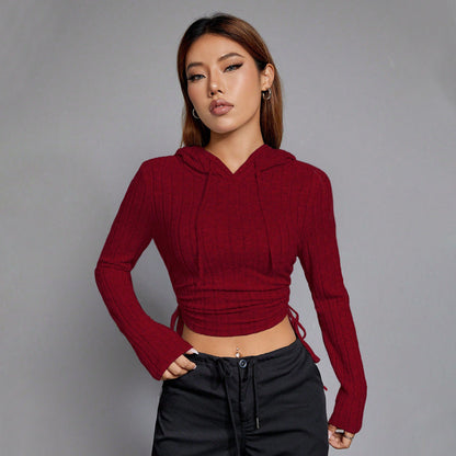 Damen Cropped Hoodie Langärmelig Rippmuster Grau