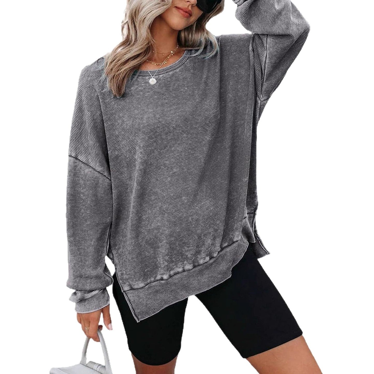 Damen Waffelpullover Mit Seitenschlitzen Norvielle