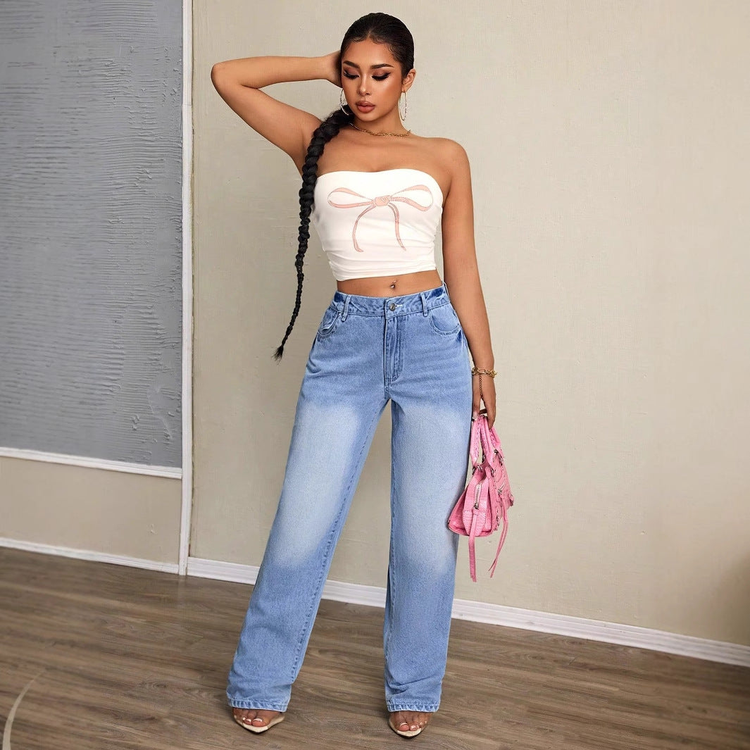 Damen Weite Jeans Hochbund Lässiger Schnitt Blau - Norvielle