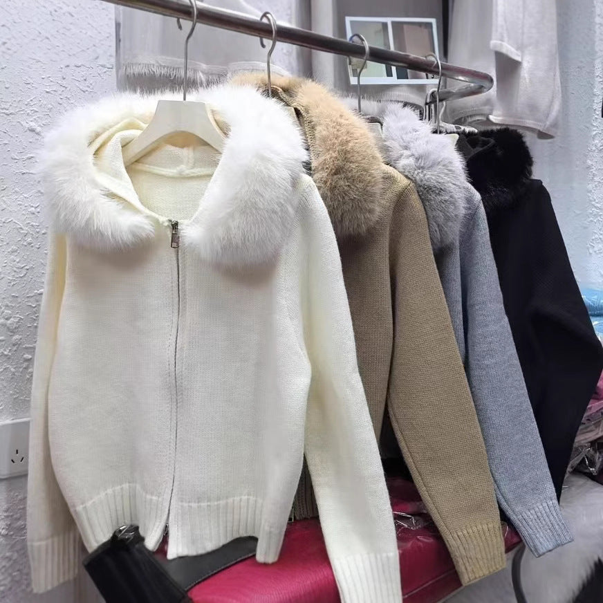 Damen Strickjacke Weich Kapuze Abnehmbar Beige