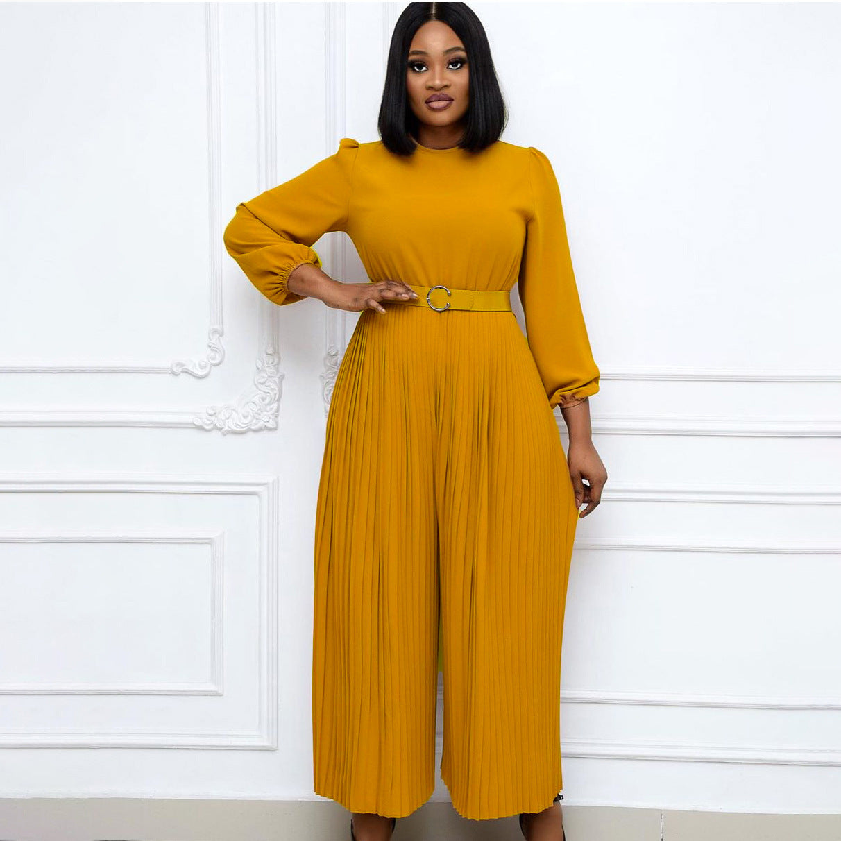 Damen Jumpsuit Plissee mit Gürtel und weiten Ärmeln Norvielle - Norvielle