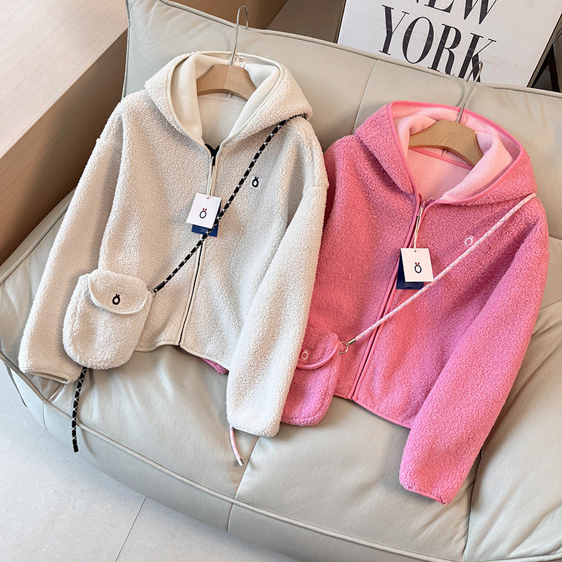 Damen Fleecejacke mit Kapuze und Umhängetasche Kuschelig Grün - Norvielle