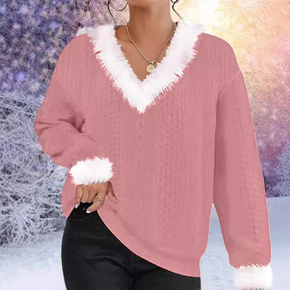 Damen Strickpullover V-Ausschnitt Kontrastpelzbesatz Norvielle
