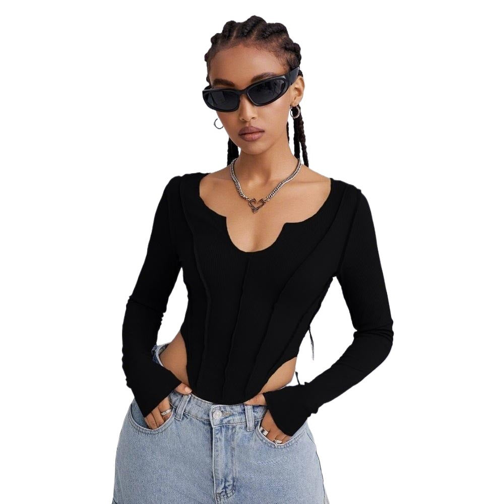 Damen Langarm Bodysuit V-Ausschnitt Cut-Out-Details