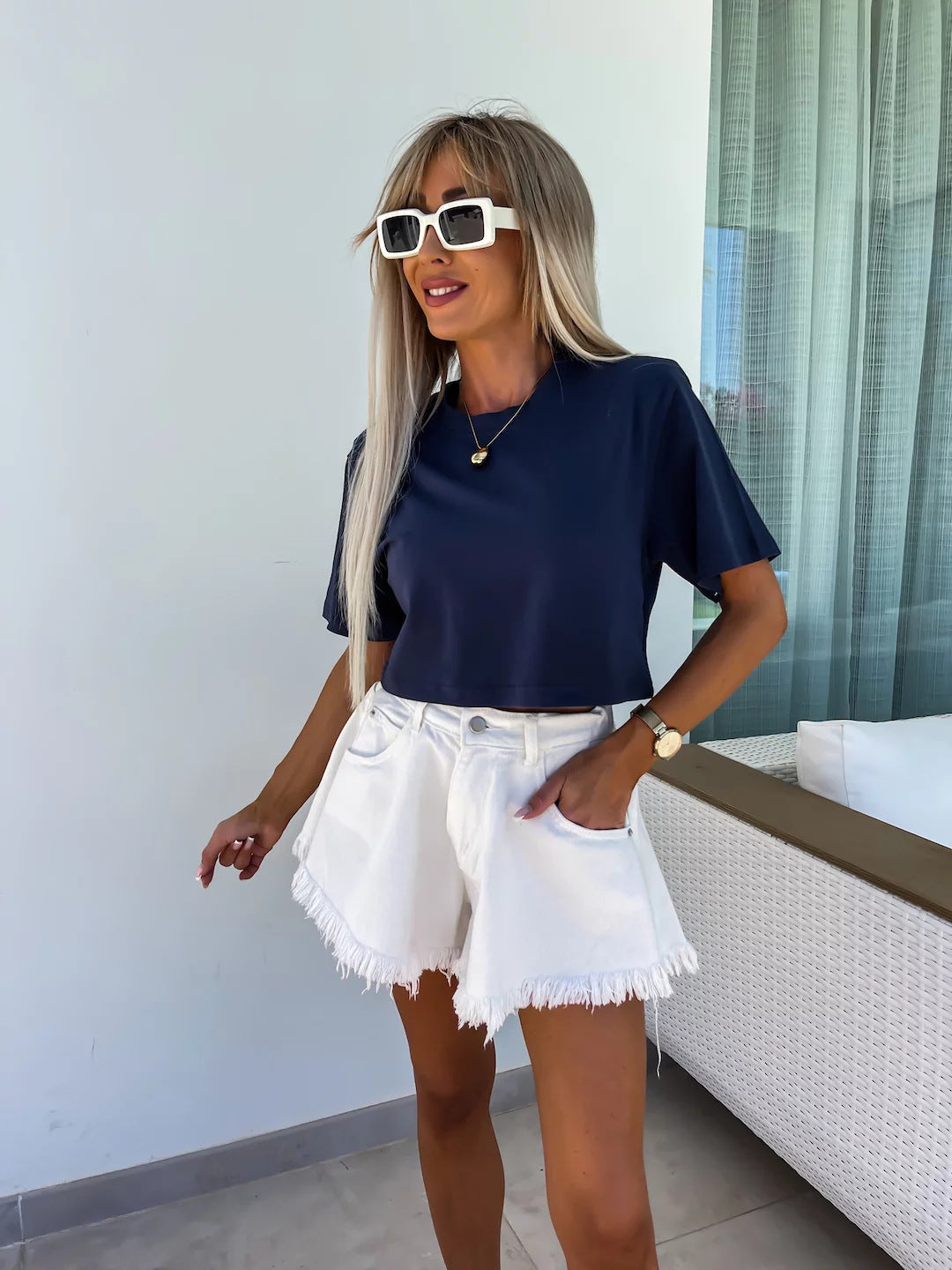 Damen Leopardenmuster T-Shirt Cropped Baumwolle -Weiß