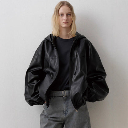 Damen Kunstlederjacke mit Kapuze Schwarz - Norvielle