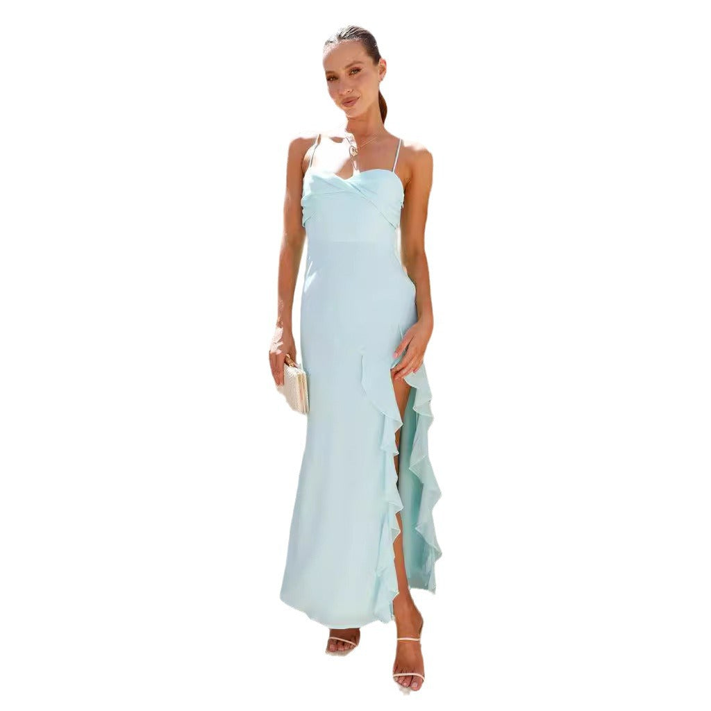Damen Maxikleid Langarm Rüschendetails Hochschlitz
