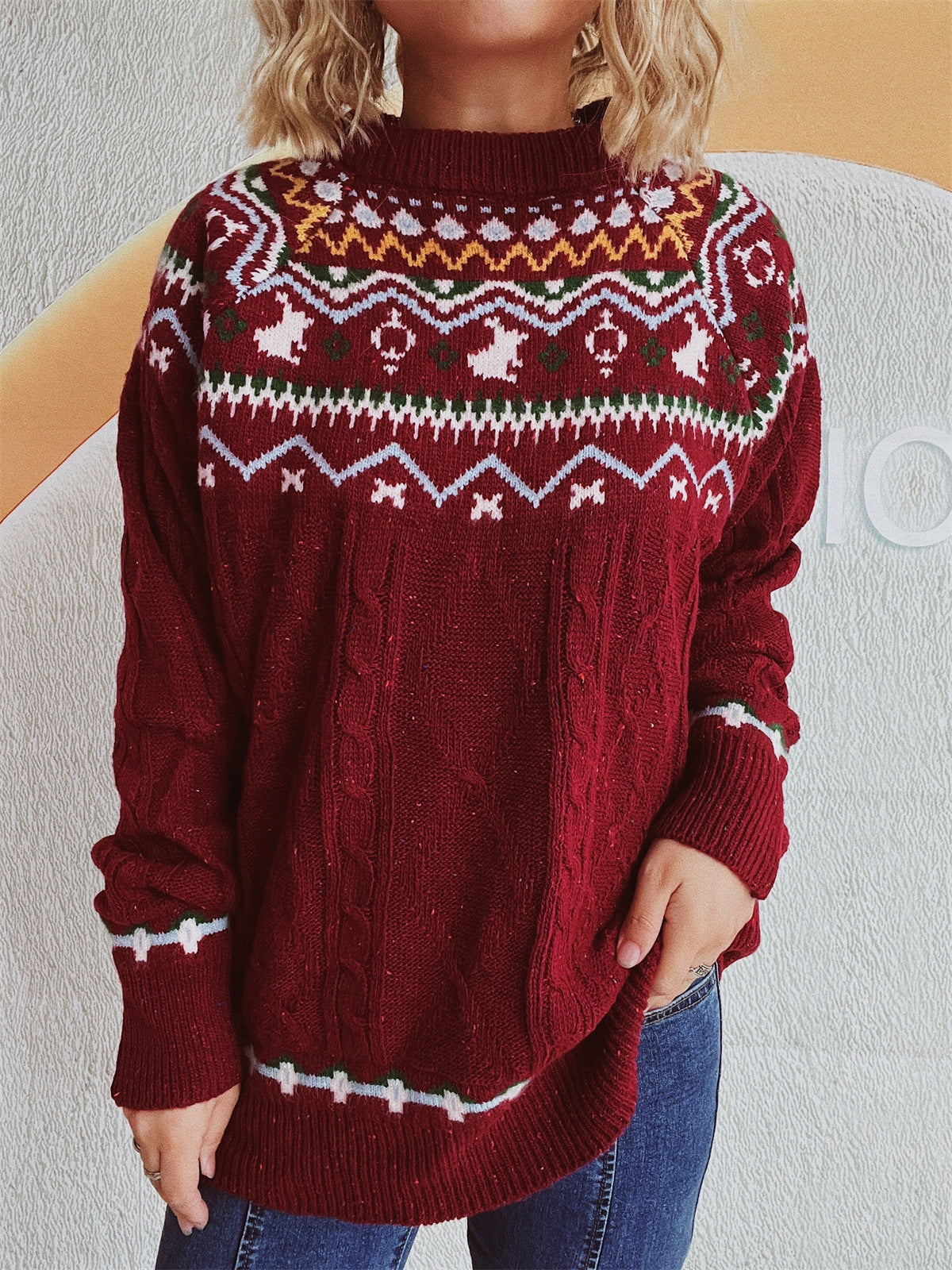 Damen Strickpullover Hochgeschlossener Kragen Grafisches Design
