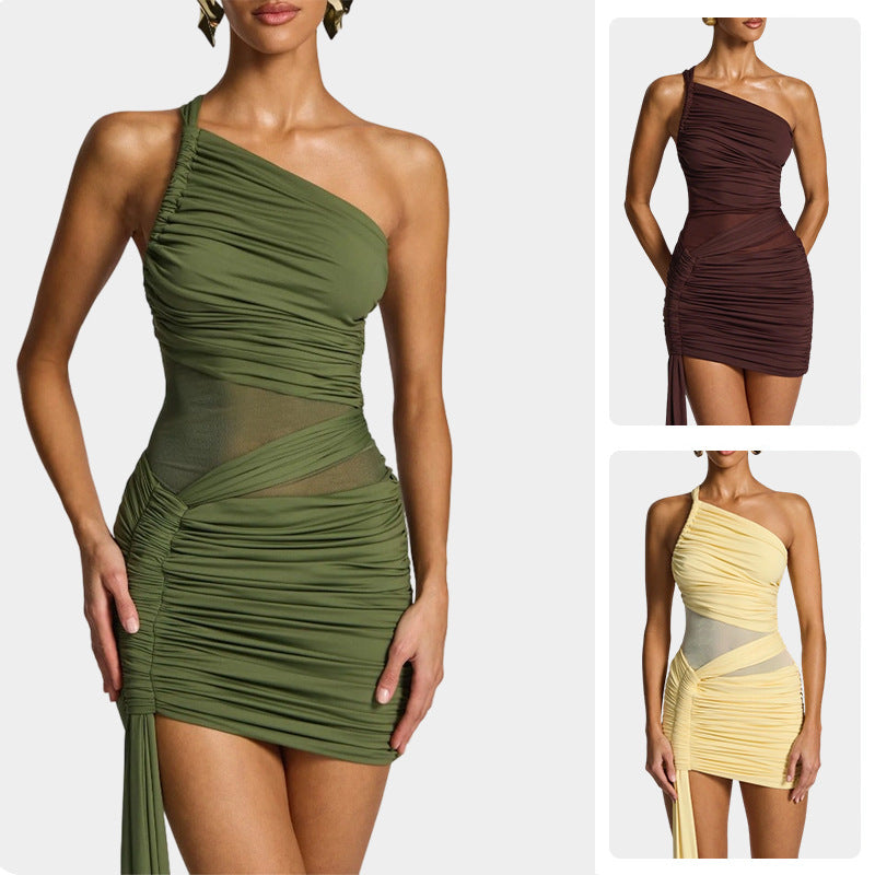 Damen Ein-Schulter-Minikleid mit Drapierungsdesign Fließend Schwarz - Norvielle