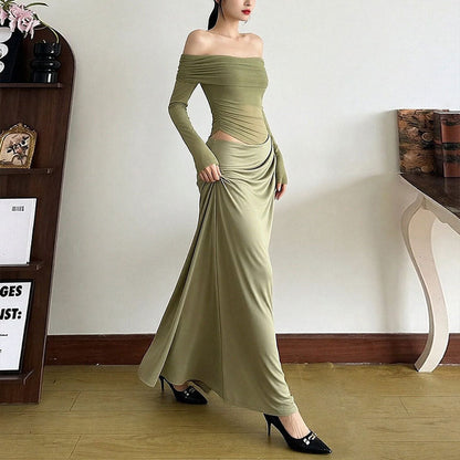 Damen Off-Shoulder Maxikleid Rüschendetails Langarm