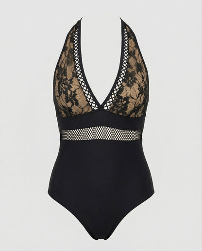 Norvielle Damen Badeanzug Halterneck Spitze