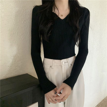 Damen V-Ausschnitt Feinstrickpullover Rippstruktur
