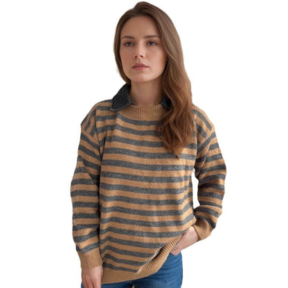 Damen Oversized Pullover Streifenmuster Lässig Beige