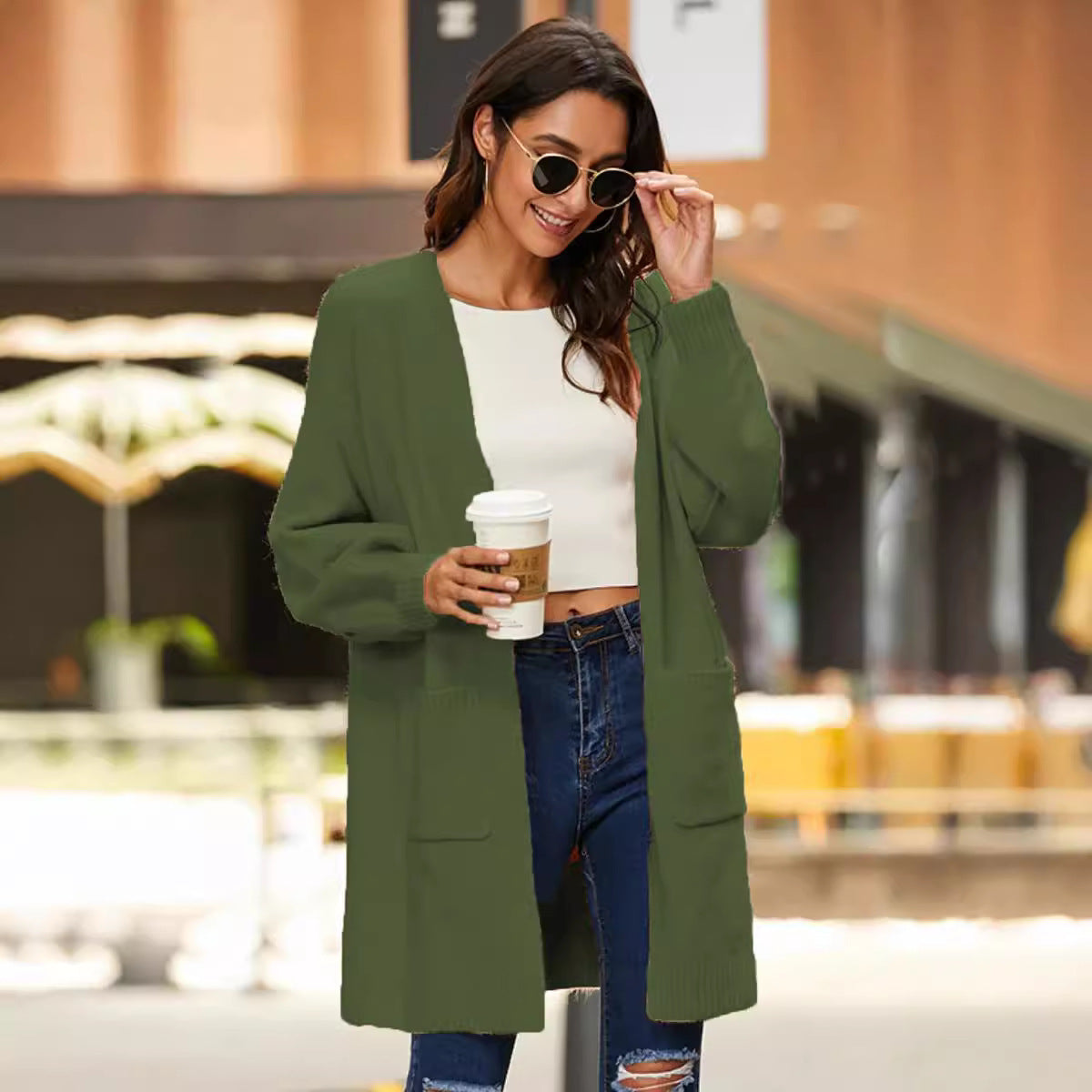 Damen Cardigan Grobstrick Weite Ärmel Tiefen Taschen Norvielle