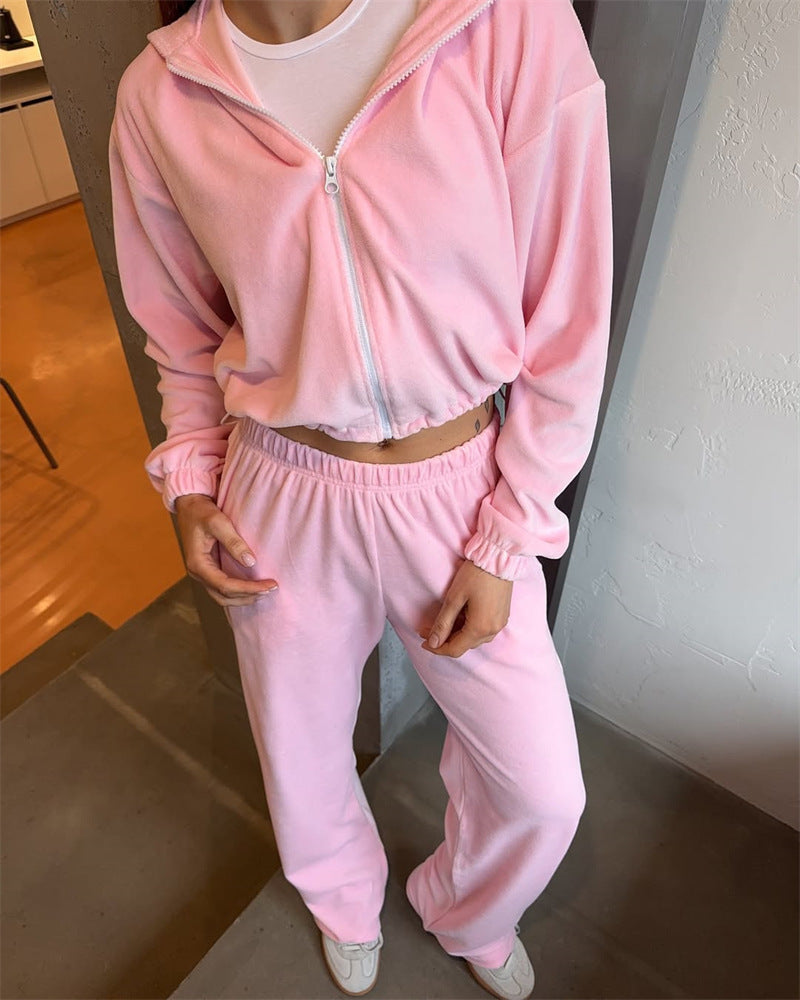 Damen Cropped Sweatshirt Reißverschluss Weite Hose Norvielle
