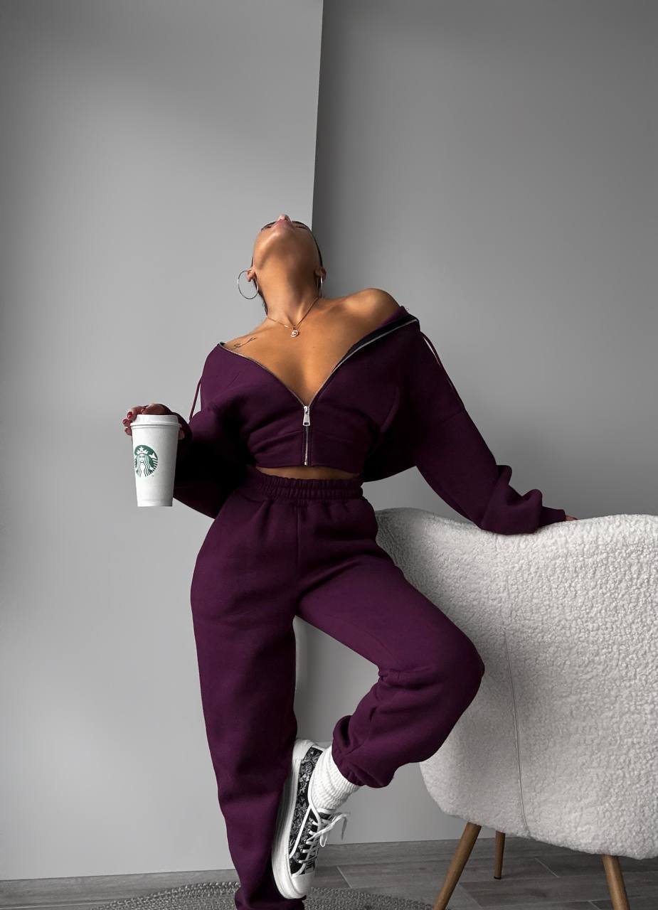 Damen Fleece-Loungewear-Set Cropped-Jacke Elastische Hose