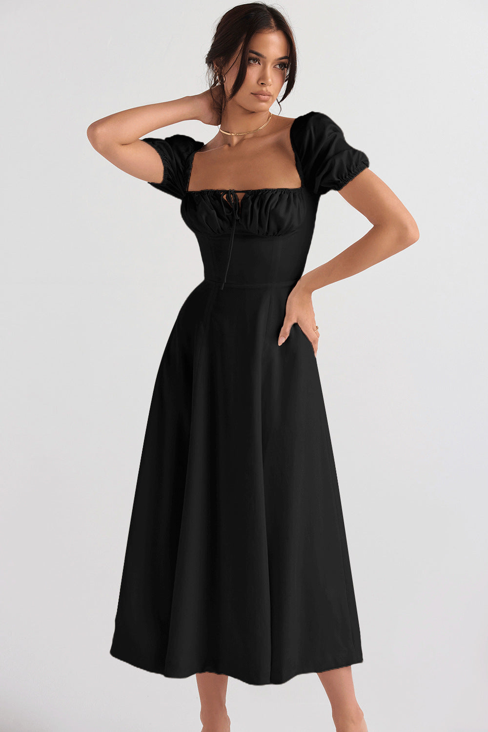 Damen Elegantes Midikleid Puffärmel Raffinierter Ausschnitt Norvielle