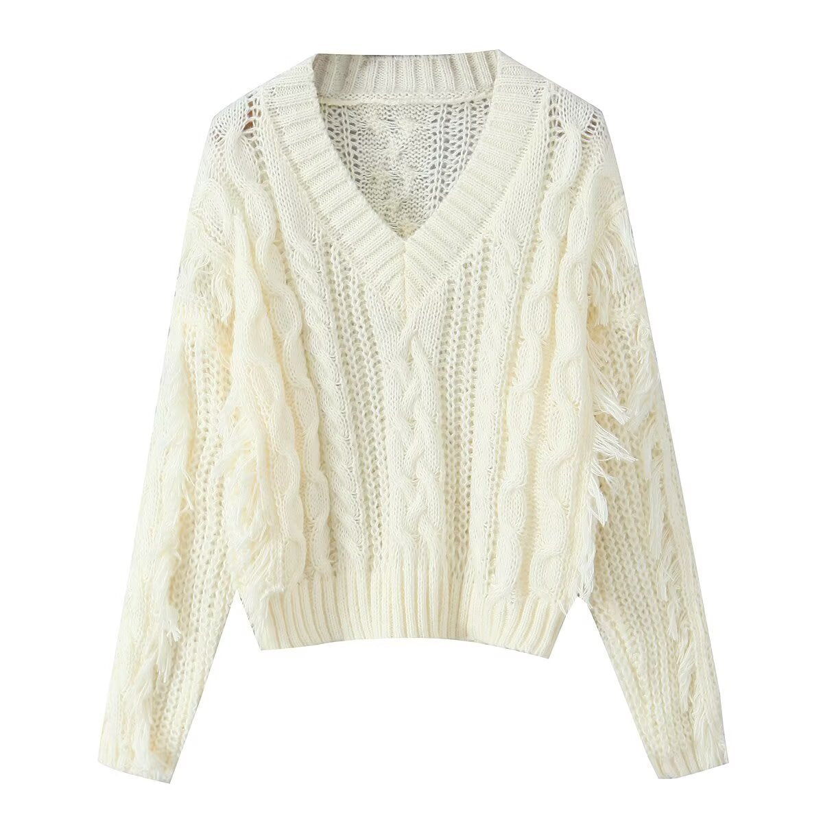 Damen Grobstrickpullover V-Ausschnitt Fransen Norvielle