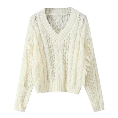Damen Grobstrickpullover V-Ausschnitt Fransen Norvielle