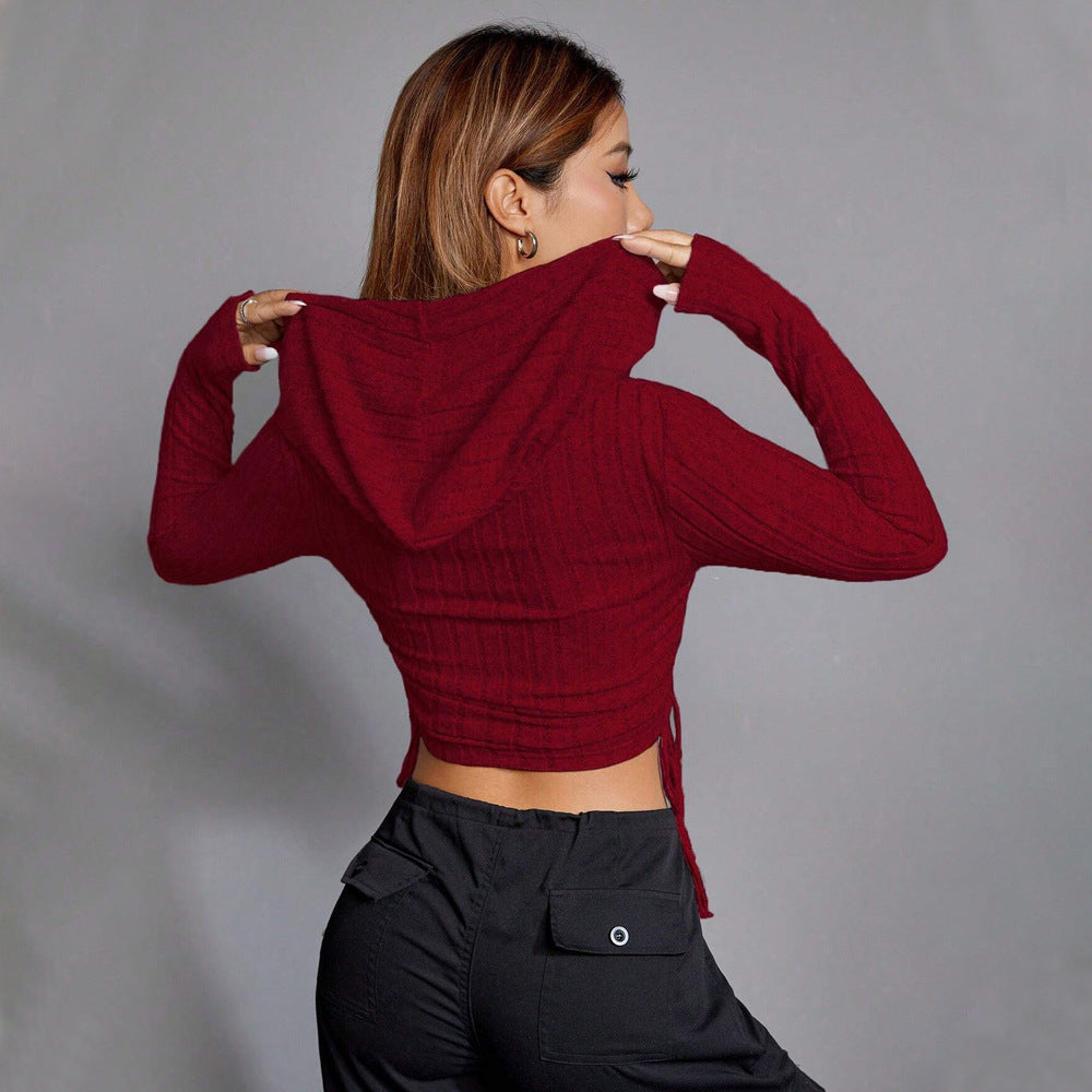 Damen Cropped Hoodie Langärmelig Rippmuster Grau