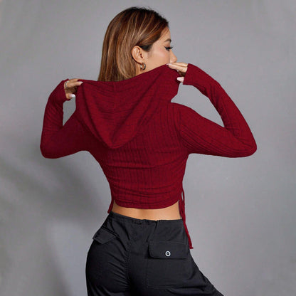 Damen Cropped Hoodie Langärmelig Rippmuster Grau
