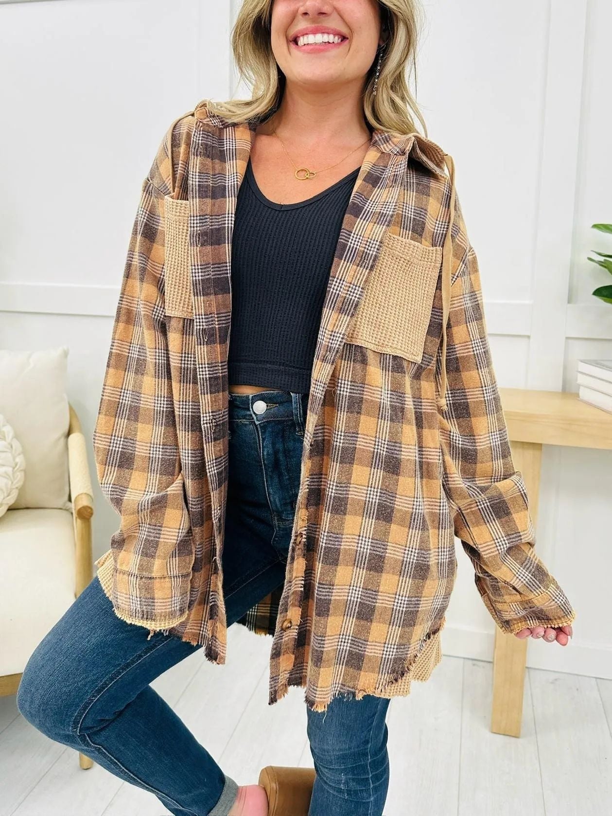 Damen Karo-Hemdjacke Oversized mit Fransen Details Norvielle