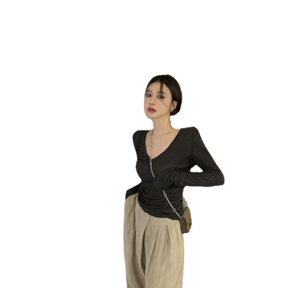 Damen Langarmshirt V-Ausschnitt Figurschmeichelnd Norvielle