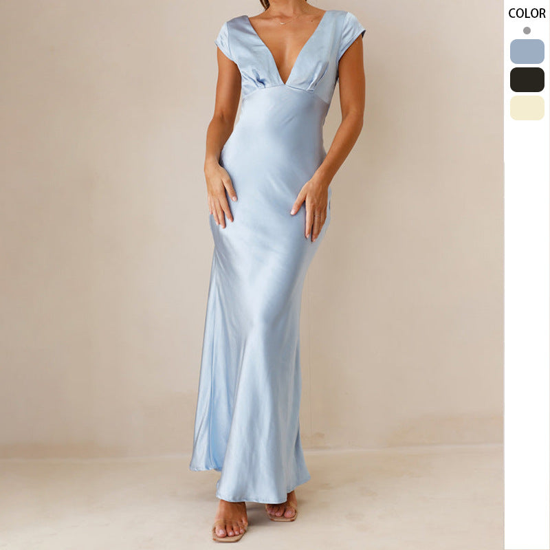 Damen Maxikleid Satin V-Ausschnitt Schwarz Norvielle - Norvielle